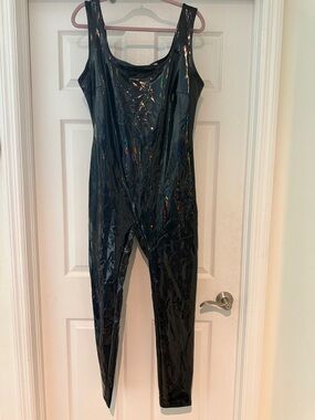 Fashion Nova Black Holographic-Effect Vinyl Scoop Neck Jumpsuit